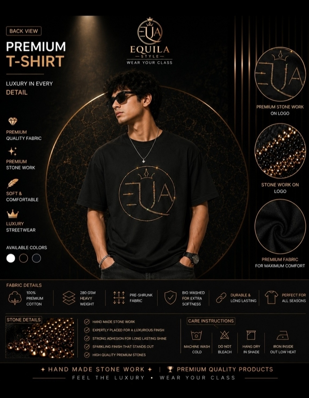 EQUILA STYLE premium black stone logo t-shirt back view.